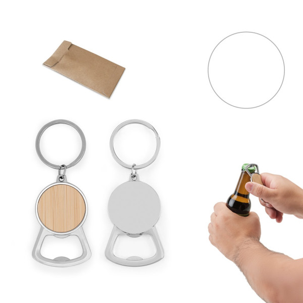 MEEKO. IJzeren sleutelhanger met een ronde vorm van zink en bamboe